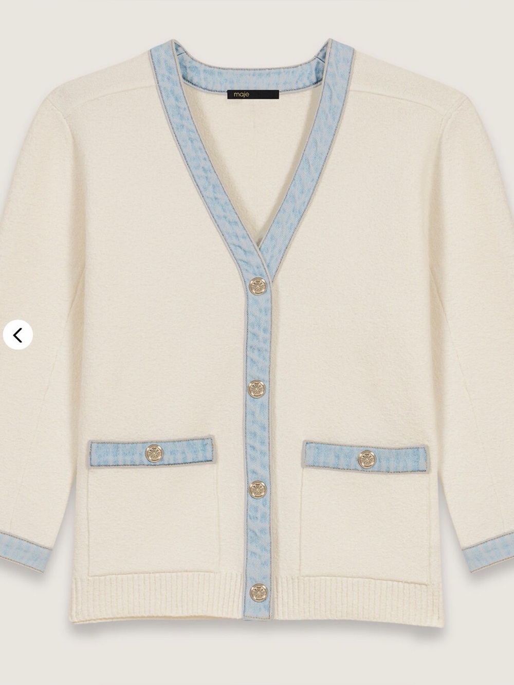 Maje Cream Cardigan with Light Blue Trim